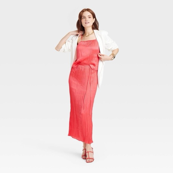 a new day Dresses & Skirts - Women's Textured Crinkle Vibrant Pink Satin Midi Skirt Size XL